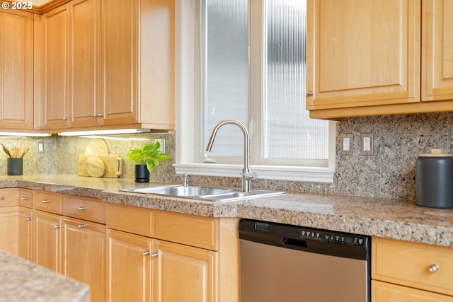 kitchen with tasteful backsplash, dishwasher, and sink