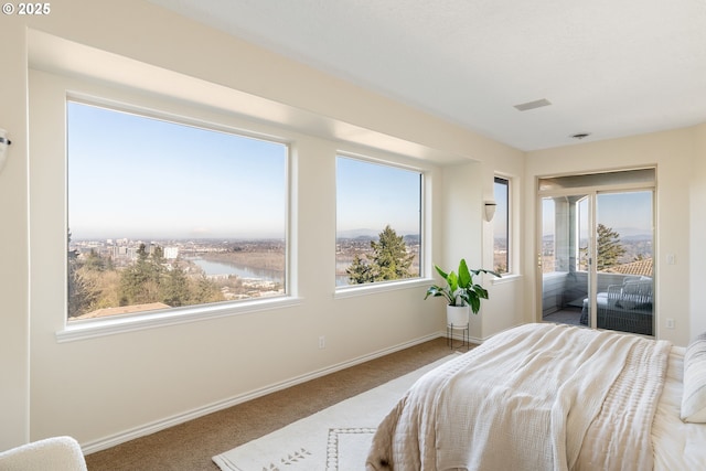 carpeted bedroom featuring access to outside and a water view