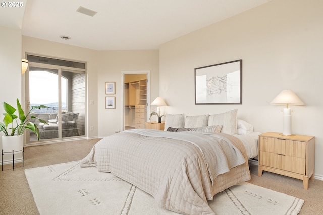 carpeted bedroom featuring a walk in closet, access to exterior, and a closet