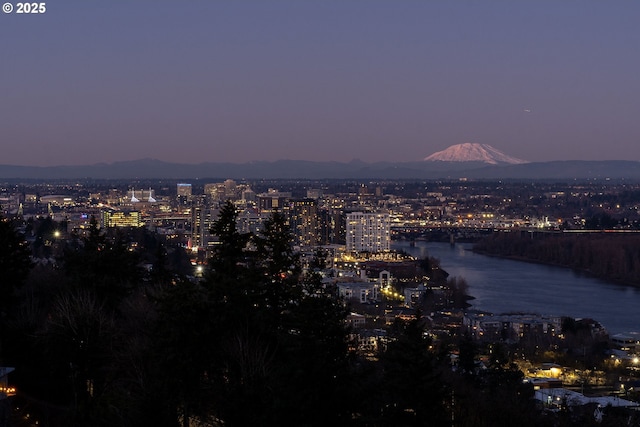 property's view of city with a water and mountain view