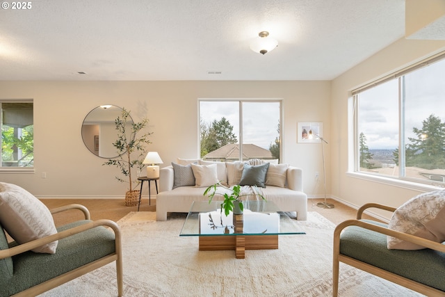 living room with light colored carpet, a textured ceiling, and a wealth of natural light