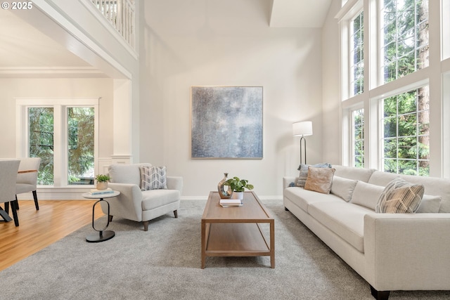 10540 SW Lancaster Rd, Portland, OR 97219 - carpeted living room featuring a high ceiling and wood finished floors