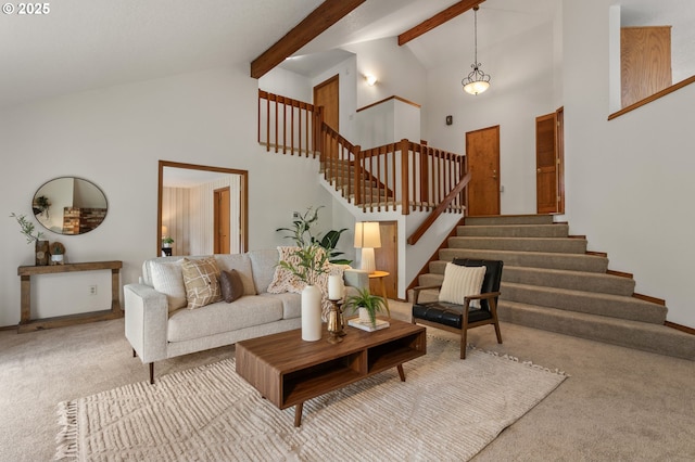 10315 SW 28th Ave, Portland, OR 97219 - living area featuring high vaulted ceiling, carpet, stairs, and beamed ceiling