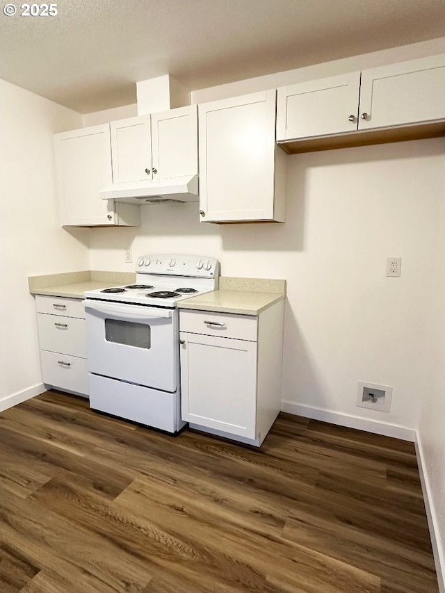 kitchen with white cabinetry, white electric range, and under cabinet range hood