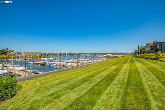 view of yard featuring a water view and a boat dock