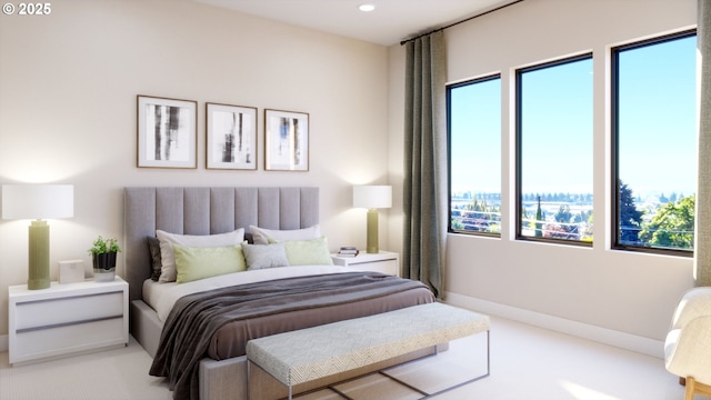 bedroom featuring recessed lighting, carpet, and baseboards