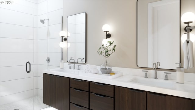 bathroom with a stall shower, a sink, and double vanity