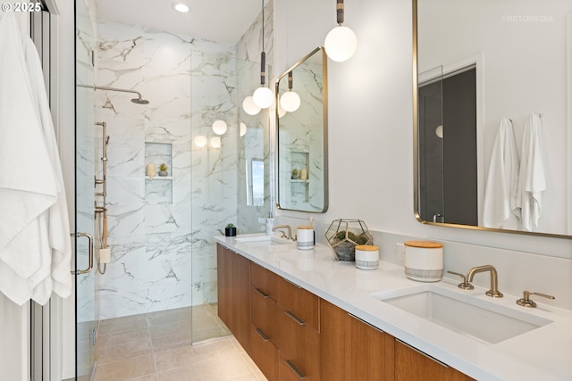 2417 E 6th St, Vancouver, WA 98661 - full bathroom featuring a sink, a marble finish shower, double vanity, and recessed lighting