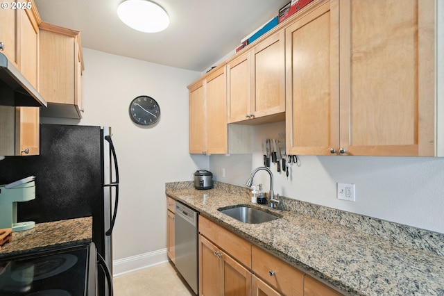 1509 NE 10th Ave Unit 105, Portland, OR 97232 - kitchen with stainless steel dishwasher, light brown cabinets, light stone countertops, electric range oven, and wall chimney range hood