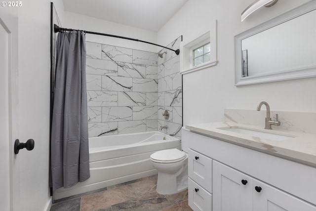 full bathroom with vanity, toilet, and shower / bath combo with shower curtain