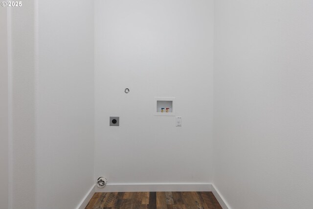 laundry room with electric dryer hookup, washer hookup, and dark hardwood / wood-style flooring