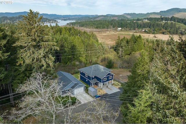 bird's eye view with a water and mountain view