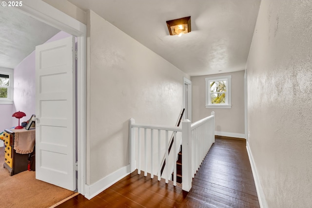 80388 Territorial Hwy, Eugene, OR 97405 - hall with an upstairs landing, hardwood / wood-style floors, baseboards, and a textured wall