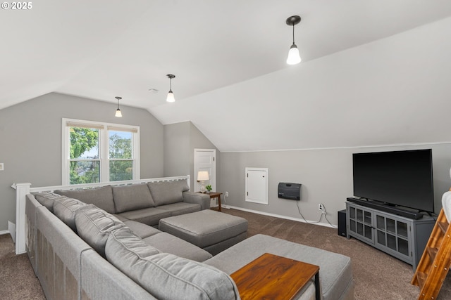 17 S Curry St, Portland, OR 97239 - living room featuring dark carpet, lofted ceiling, and baseboards