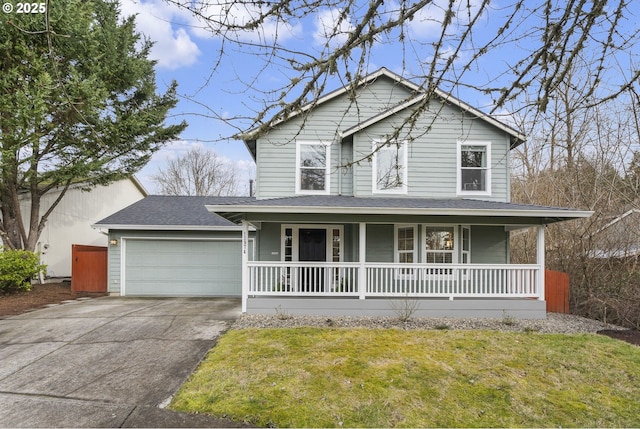 view of front facade featuring a garage, a front lawn, and a porch