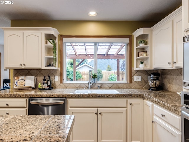 29643 SW Young Way, Wilsonville, OR 97070 - kitchen featuring open shelves, stainless steel dishwasher, tile countertops, decorative backsplash, and recessed lighting
