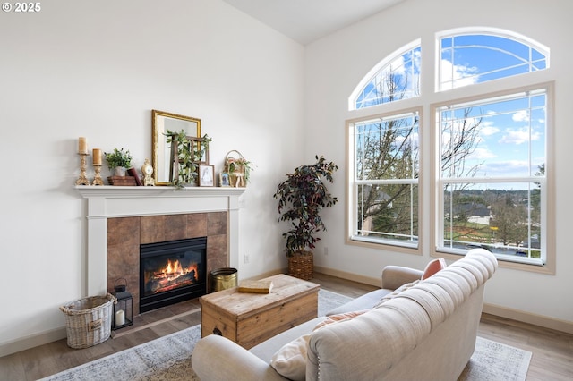 living area featuring a healthy amount of sunlight, a fireplace, baseboards, and wood finished floors