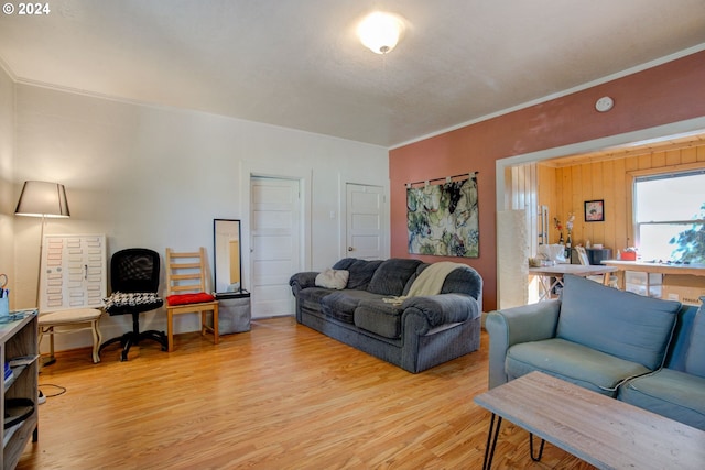 living room with ornamental molding and light hardwood / wood-style flooring