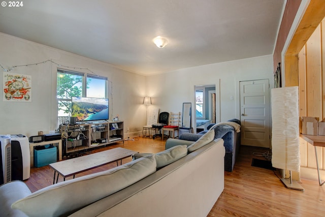 living room featuring light wood-style flooring and ornamental molding