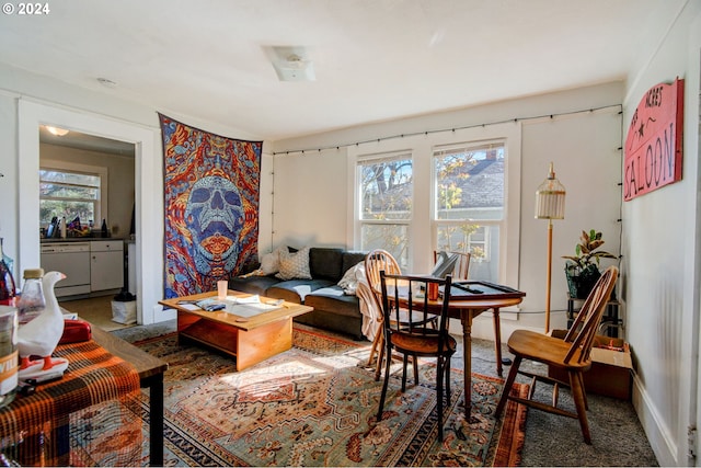 living room with dark colored carpet