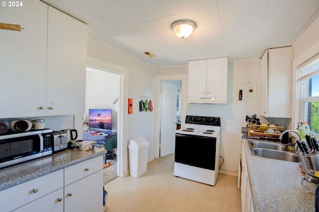 kitchen featuring white appliances, under cabinet range hood, a sink, white cabinets, and ornamental molding