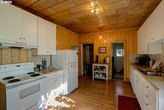 kitchen with white cabinets, white appliances, and wooden ceiling