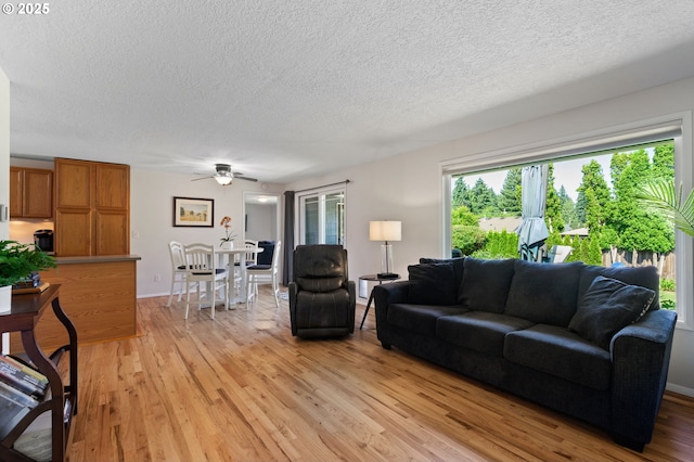 18344 Terry Ave, Lake Oswego, OR 97035 - living room with plenty of natural light, a textured ceiling, light wood-style floors, and a ceiling fan