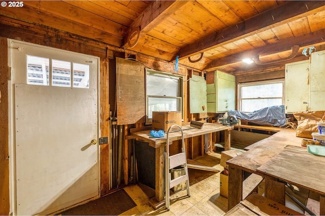 miscellaneous room with beam ceiling and wooden ceiling