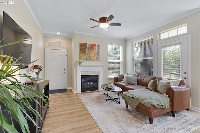 595 Springtree Ln, West Linn, OR 97068 - living area with a ceiling fan, crown molding, light wood-style flooring, a glass covered fireplace, and baseboards