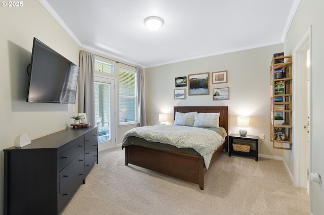 595 Springtree Ln, West Linn, OR 97068 - bedroom with light colored carpet, crown molding, baseboards, and access to outside