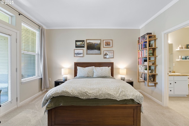 595 Springtree Ln, West Linn, OR 97068 - bedroom with light colored carpet, crown molding, baseboards, ensuite bath, and a sink