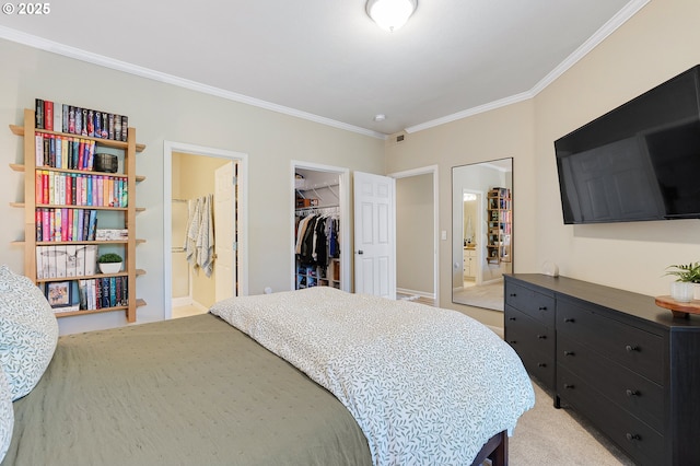 595 Springtree Ln, West Linn, OR 97068 - bedroom featuring ornamental molding, a spacious closet, a closet, ensuite bathroom, and light colored carpet