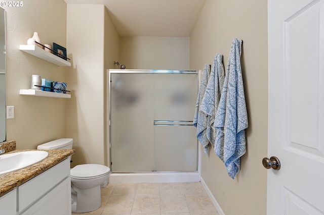 595 Springtree Ln, West Linn, OR 97068 - bathroom featuring vanity, toilet, a shower stall, and tile patterned flooring
