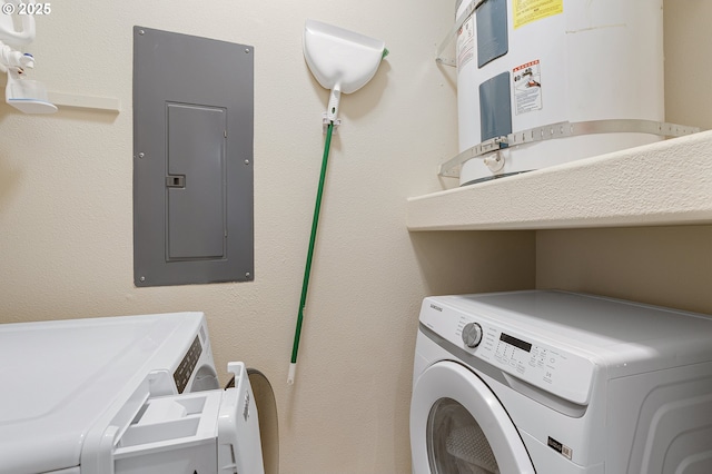 595 Springtree Ln, West Linn, OR 97068 - laundry room featuring electric panel, washer and clothes dryer, and water heater