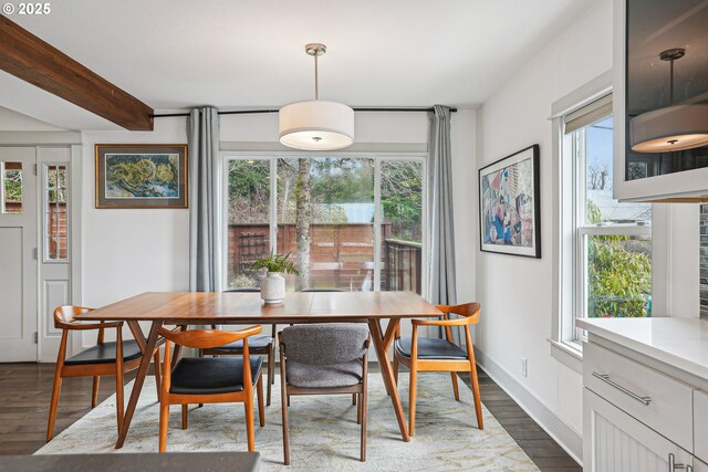 dining area with dark wood-style floors, beamed ceiling, and a wealth of natural light