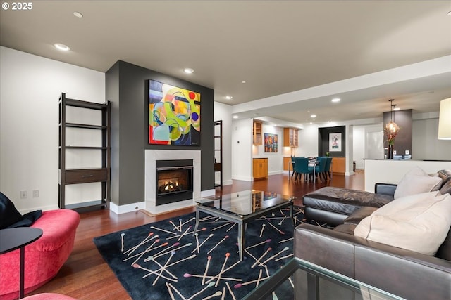 living room with a fireplace and dark hardwood / wood-style flooring