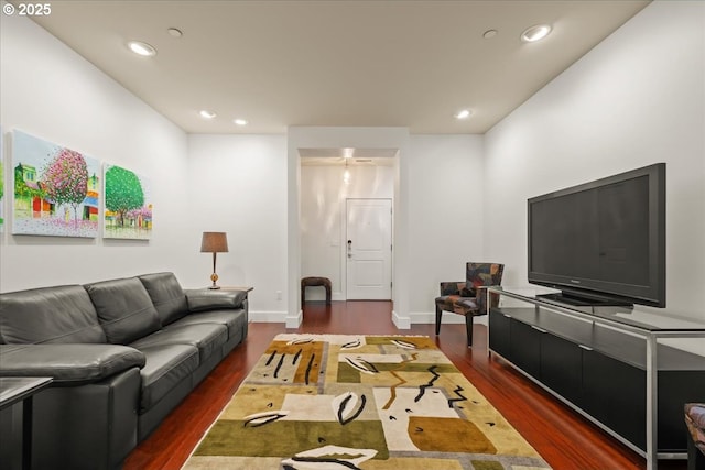 living room featuring dark wood-type flooring