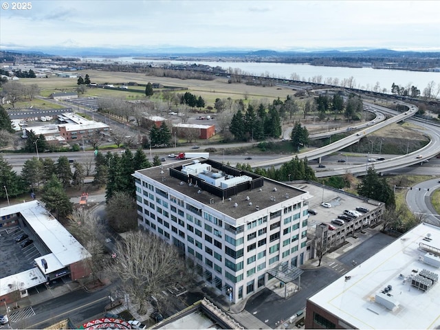 aerial view featuring a water view