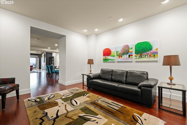 living room with dark hardwood / wood-style floors