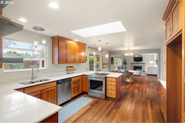 kitchen with stainless steel appliances, a sink, a skylight, a peninsula, and a fireplace