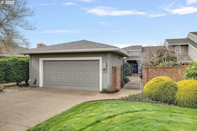 32645 SW Lake Point Ct, Wilsonville, OR 97070 - view of front of home with a garage, a gate, brick siding, concrete driveway, and a chimney