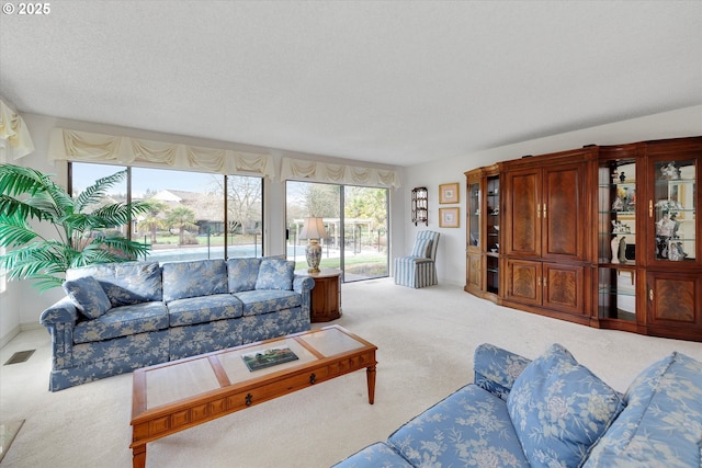 carpeted living area with visible vents and a textured ceiling