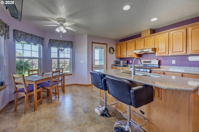788 SE Meadows Loop, Sheridan, OR 97378 - kitchen with baseboards, under cabinet range hood, a sink, and a textured ceiling