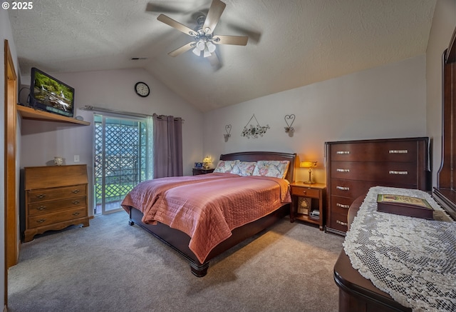 788 SE Meadows Loop, Sheridan, OR 97378 - bedroom featuring vaulted ceiling, a textured ceiling, access to outside, carpet flooring, and visible vents