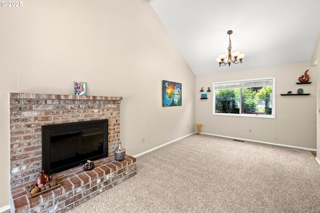 5877 NW 181st Ave, Portland, OR 97229 - unfurnished living room featuring carpet, a chandelier, a fireplace, and high vaulted ceiling