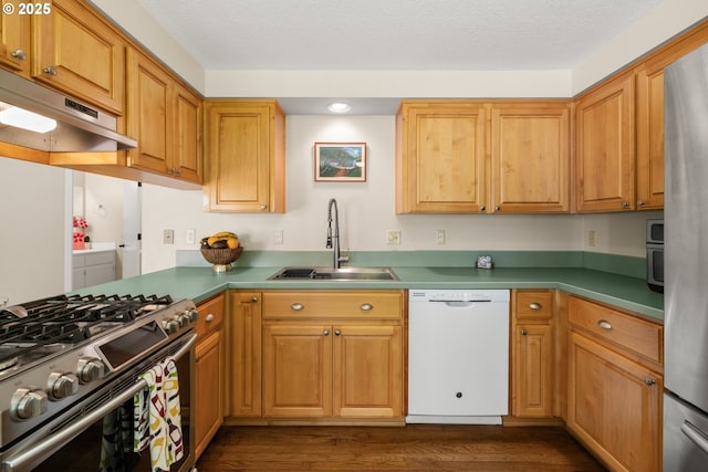 5877 NW 181st Ave, Portland, OR 97229 - kitchen with dishwasher, under cabinet range hood, stainless steel range with gas cooktop, dark wood-style flooring, and recessed lighting