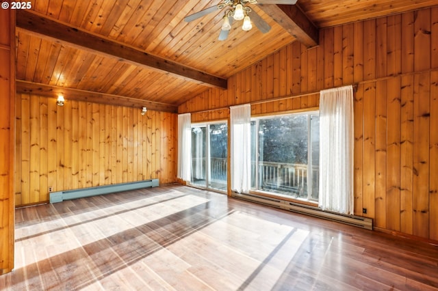 spare room featuring vaulted ceiling with beams, wood ceiling, a baseboard radiator, and hardwood / wood-style floors