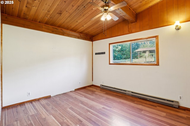 unfurnished room with lofted ceiling with beams, a baseboard heating unit, ceiling fan, wooden ceiling, and light wood-type flooring