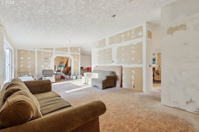 living room with lofted ceiling and a textured ceiling