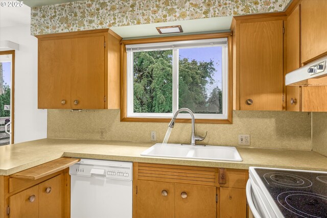 1220 NE 196th Ave, Portland, OR 97230 - kitchen featuring white appliances, light countertops, decorative backsplash, and brown cabinets